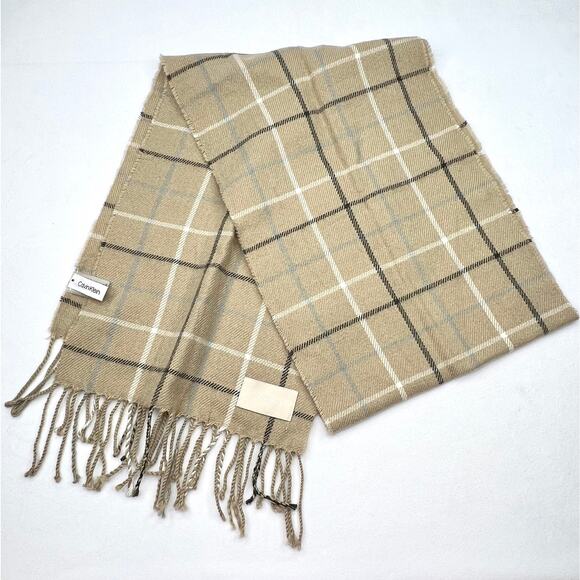 Calvin Klein Acrylic Tan Plaid Fringe Scarf - Picture 2 of 7